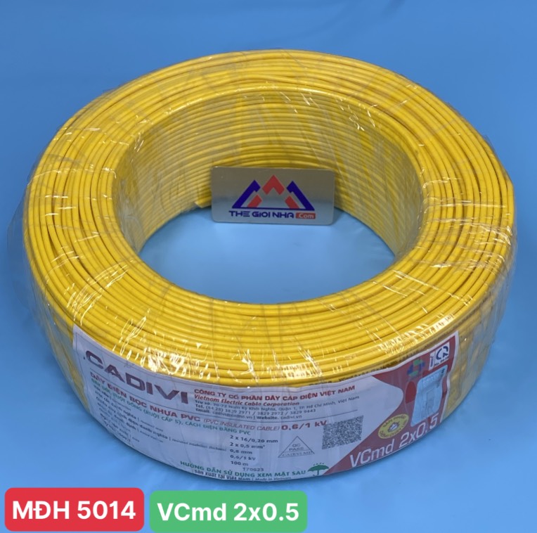 Dây điện đôi mềm Cadivi VCMD 2 x 0,5mm2 màu vàng, cuộn 100 mét, giá tính theo mét